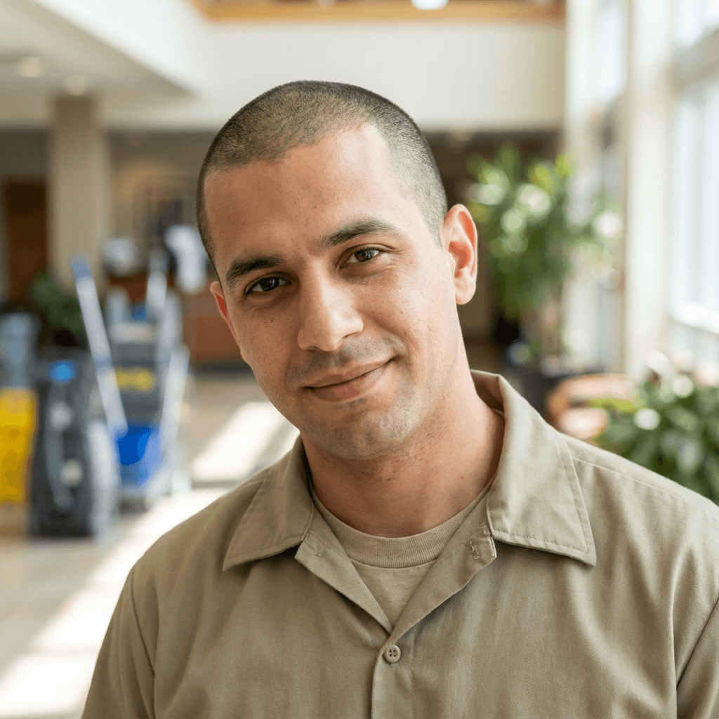 Man in casual attire standing in a bright apartment living space