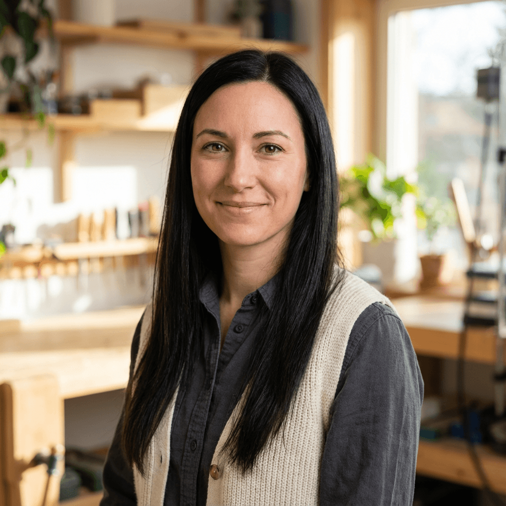 Sarah Mitchell headshot in a bright modern apartment