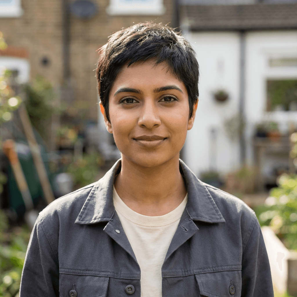 Priya Sharma in a cozy living room