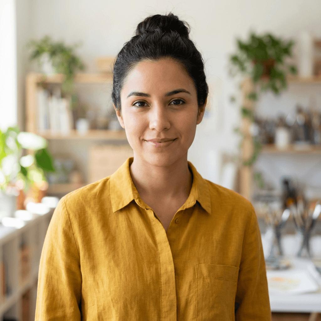 Emily Rodriguez headshot in a cozy home office