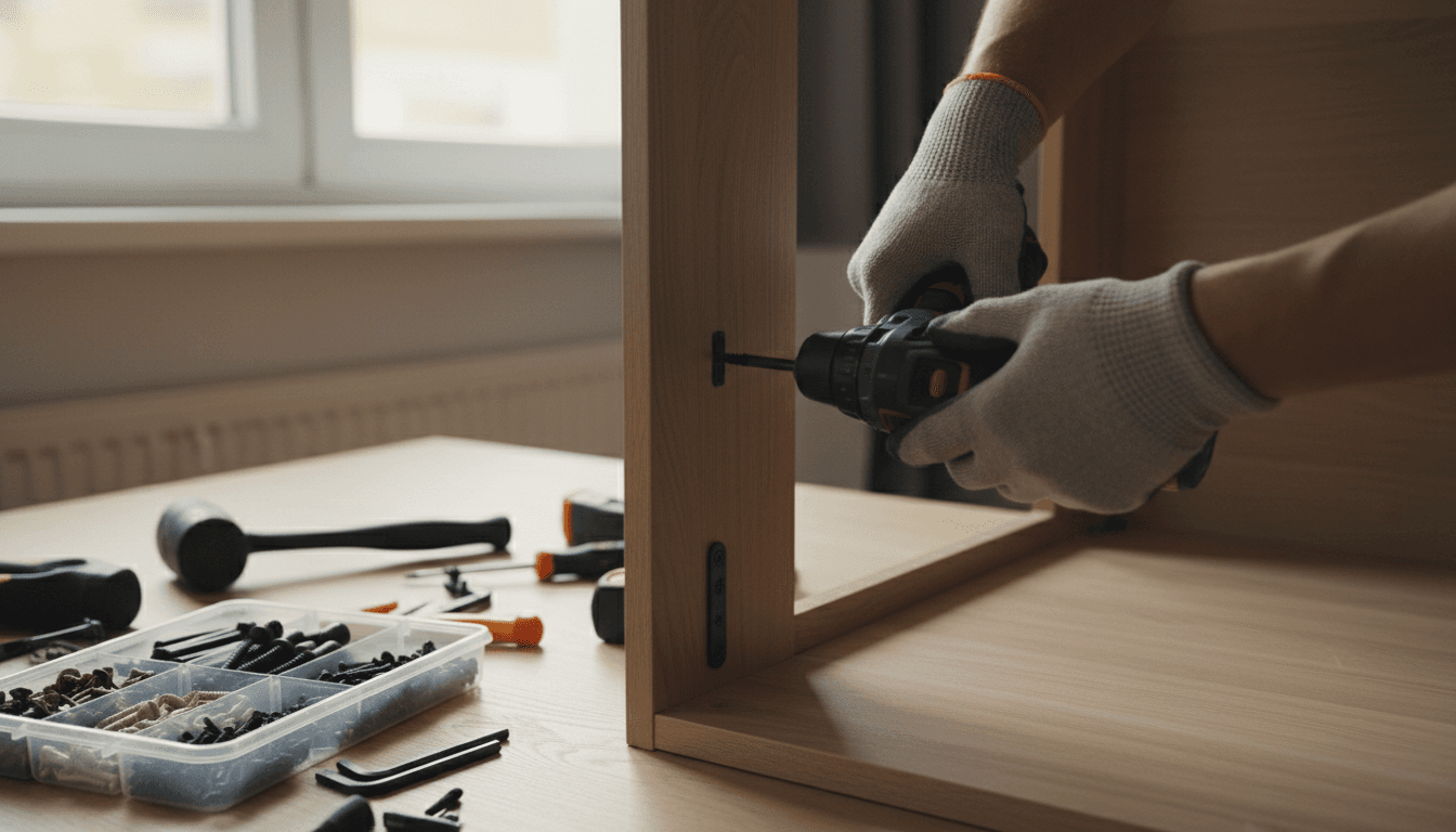 Assembler's hands tightening a screw on a wardrobe frame in a Toronto home