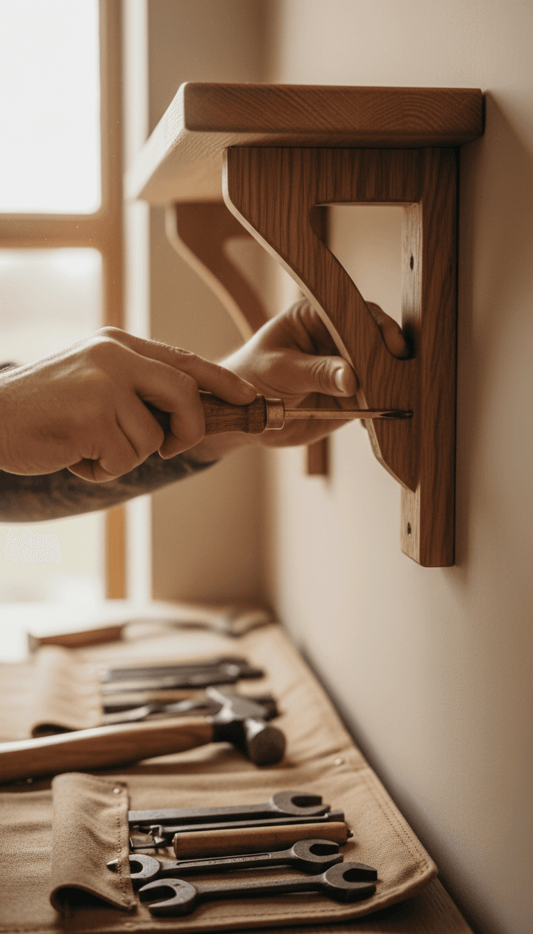 Assembler's hands tightening a screw on a wooden shelf