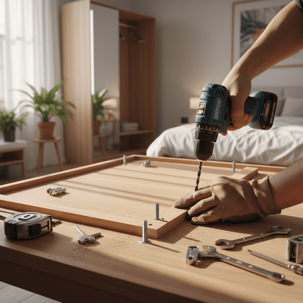 Assembler tightening hardware on a wardrobe panel
