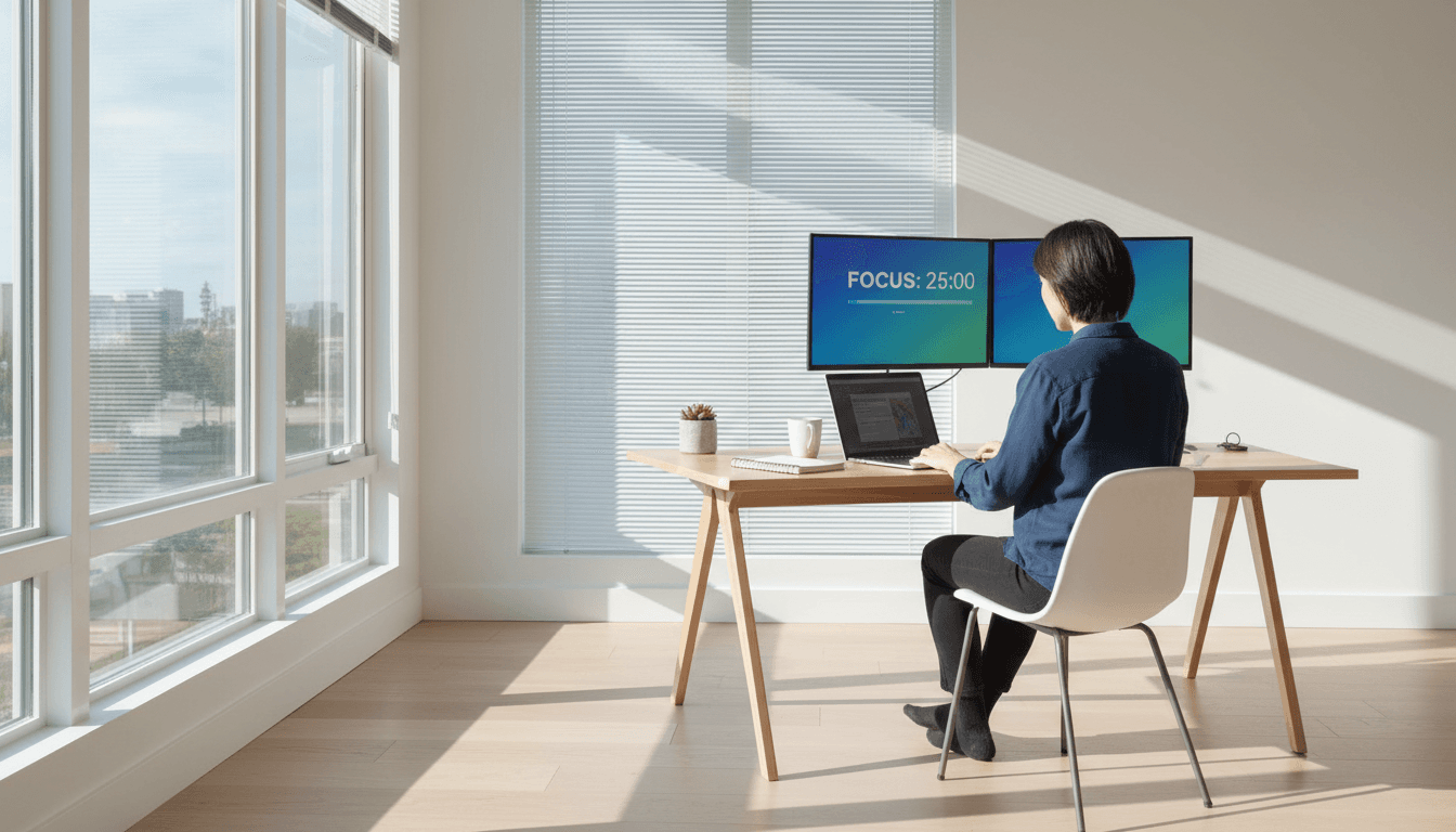 Assembled sit-stand desk in a home office