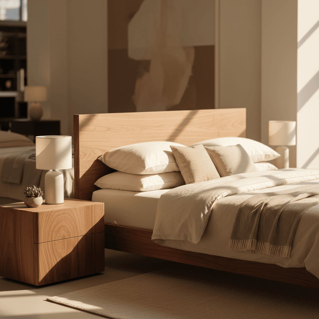 Assembled wooden bed frame in a Toronto condo bedroom